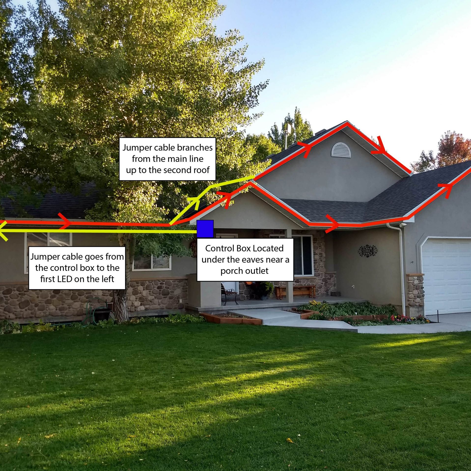 Example of light layout on a medium sized house. Uses a branch in the lights